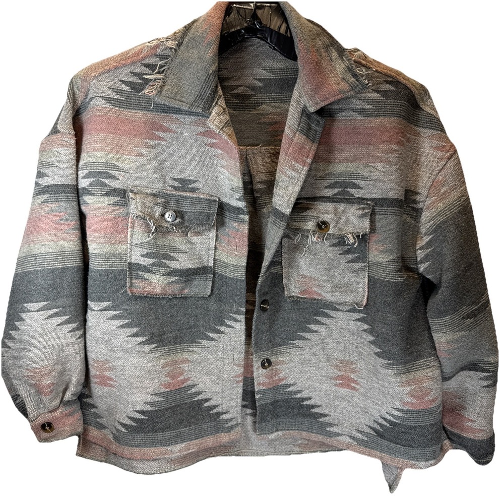 Aztec Gray Pink Button Up Jacket Pockets Size L